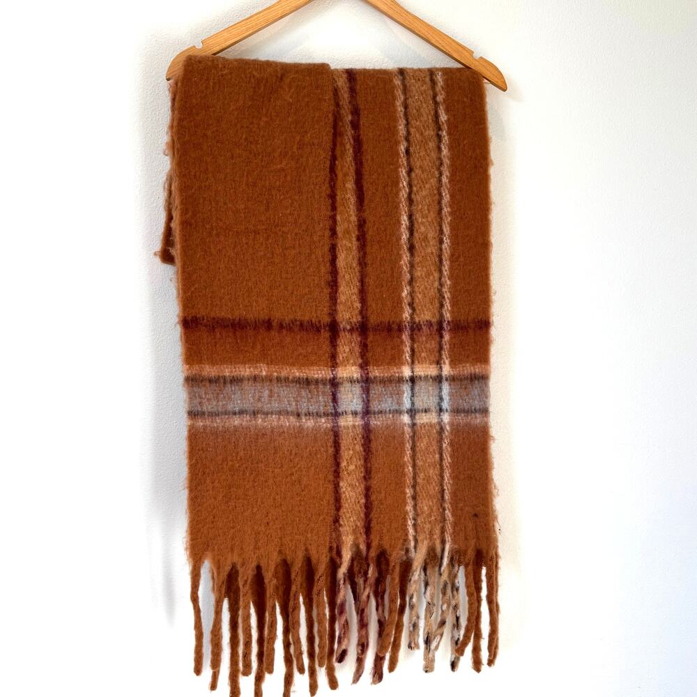 Cotton On Fall Plaid Cozy Soft Fringe Scarf- Orange, Brown Preppy